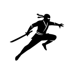 Ninja silhouette in a dynamic action pose, minimalistic vector style on a white background