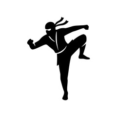 Ninja silhouette in a dynamic action pose, minimalistic vector style on a white background
