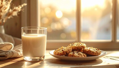 Warm sunlight illuminates a plate of chocolate chip cookies and a glass of milk on a wooden table near a window, evoking a cozy, homey atmosphere