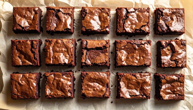 A delicious batch of freshly baked homemade fudgy chocolate brownies cut into squares and arranged on parchment paper from a top-down view
