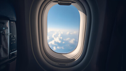 Naklejka premium Airplane Window Seat View Across the Clouds