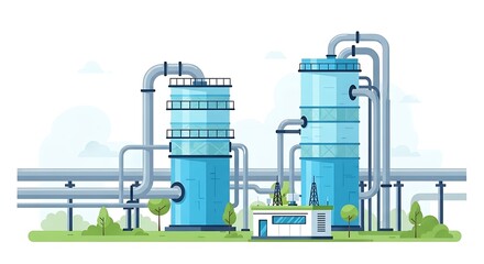 Obraz premium Industrial Plant Illustration with Tanks and Pipes in Blue.