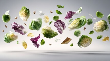 Fresh vegetables and nuts suspended mid-air against a white background, showcasing vibrant colors and natural textures in dynamic motion.