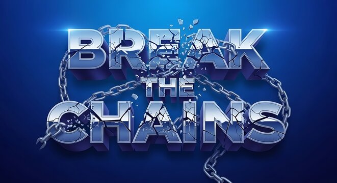 Break The Chains 3D Text Effect with Shattered Metal and Glowing Blue Light.