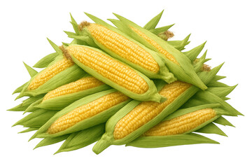 Fresh whole corn on the cob pile with green husks, natural sweet vegetable harvest, raw maize, cooking ingredient, transparent background