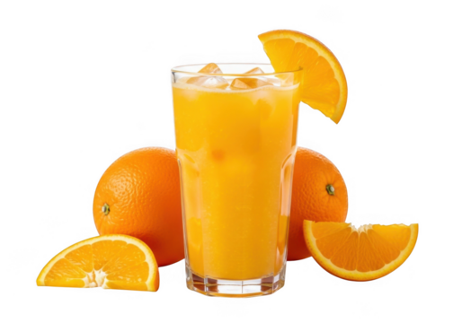 Tall glass of refreshing orange juice with fresh oranges and slices isolated on transparent background