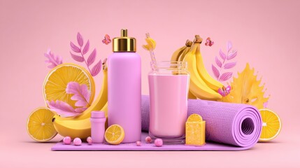 Fresh bananas, oranges, and a bottle of milk arranged on a light surface with natural daylight, ideal for healthy lifestyle and breakfast themes.