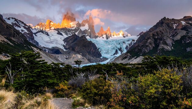 A majestic mountain range with snowy peaks, a glacier, and green vegetation in foreground, bathed in golden sunlight - Powered by Adobe