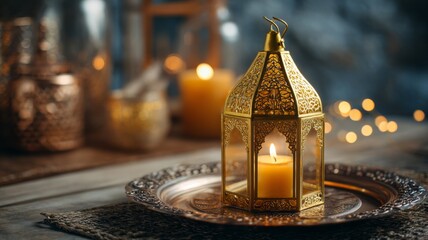 Golden ramadan lantern with burning candle on ornate metal tray surrounded by warm decorative lights and festive bokeh for spiritual islamic celebration