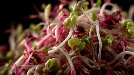 Close-up of fresh green sprouts arranged on a white plate, showcasing vibrant textures and natural details in soft daylight, ideal for healthy food concepts.