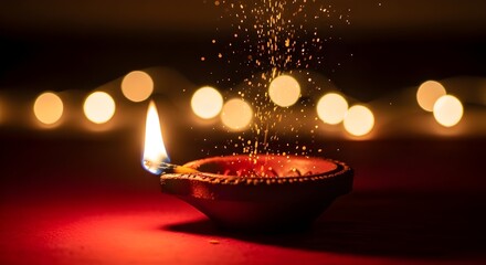 Close up of a traditional clay diya oil lamp lit with a bright flame and sparks falling into it during a festive celebration with bokeh lights