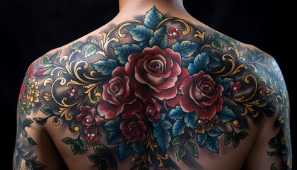 Floral back tattoo with roses, leaves, and golden filigree on skin