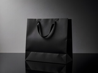 A Minimalist Luxury Black Shopping Bag on a Reflective Surface