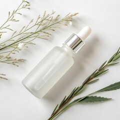 Clean beauty frosted glass dropper bottle mockup with natural green herbs on white background.