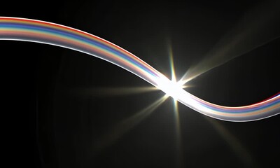 A luminous curved wave of spectral colors disperses across a stark black background with a bright starburst effect at its apex symbolizing light refraction and energy - Powered by Adobe