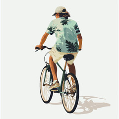 Man riding bicycle back view casual summer outfit focused on activity.