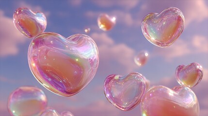 Heart-shaped soap bubbles floating delicately in the air against a soft, blurred background with natural daylight illumination.