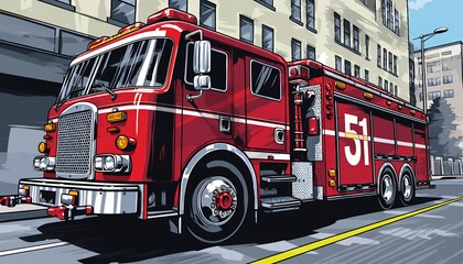 Illustration of a red fire truck with number 51 in cartoon style