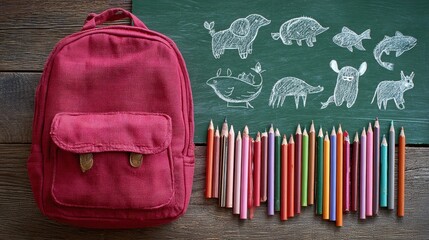Multiple colored pencils scattered on a wooden table next to a dark backpack, showcasing a creative workspace or school setting in natural daylight.