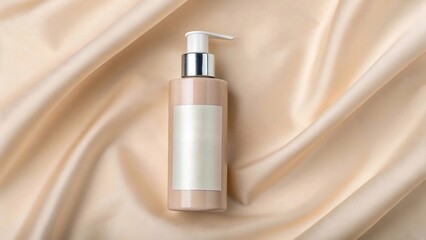 Elegant cosmetic pump dispenser bottle mockup with blank label on draped champagne satin silk fabric.