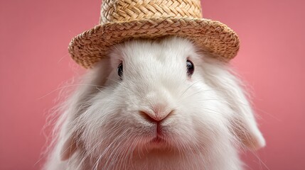 Close-up of a fluffy white rabbit wearing a straw hat against a solid pink background, perfect for spring, Easter, and festive-themed designs.