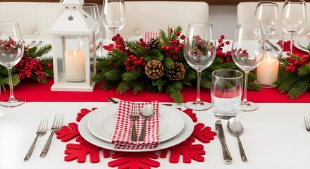 Elegant christmas dinner table setting with festive red and white decorations and glowing candles creating a warm holiday atmosphere
