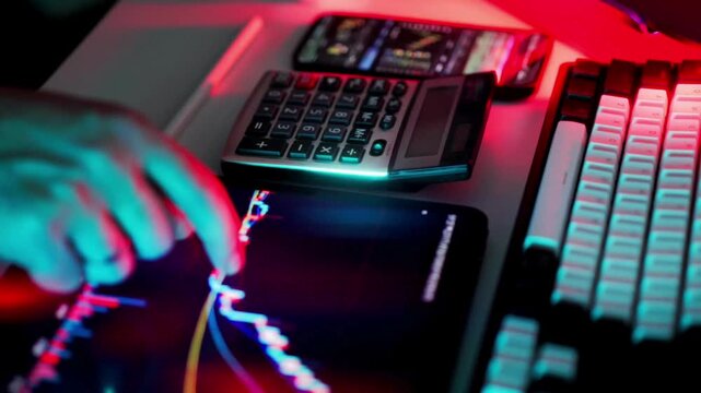 A persons hand interacting with a tablet displaying financial graphs surrounded by a calculator and a keyboard all illuminated by neon lights creating a dynamic and modern atmosphere for business and. - Powered by Adobe