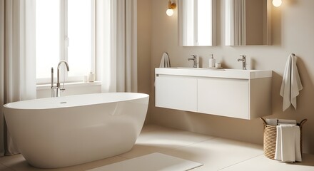 Luxurious modern bathroom featuring a freestanding oval bathtub and a floating vanity with a sleek sink and faucet