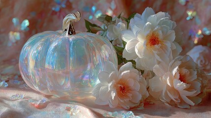 Transparent glass pumpkin and vibrant flowers arranged on a wooden table with soft natural lighting, perfect for autumn or seasonal decor themes.