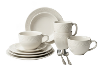 White ceramic dinnerware set with plates cups and cutlery isolated on transparent background