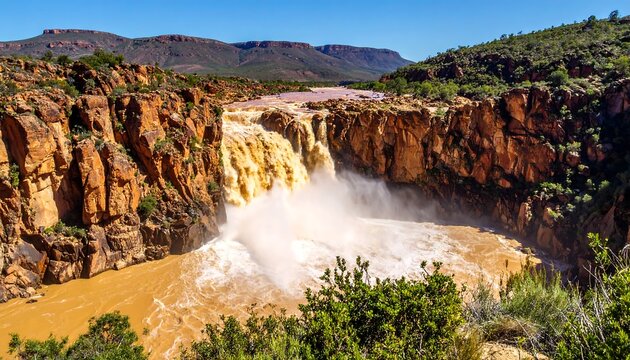 A scenic panoramic view capturing a powerful waterfall cascading down rocky cliffs. The water is brown and flows through a canyon - Powered by Adobe