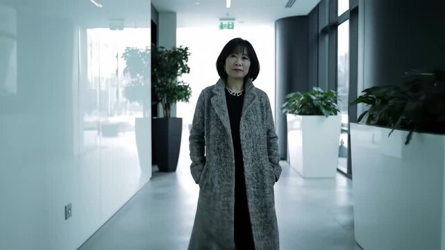 Asian woman walks in modern office hallway, contemporary design, potential business profile or executive - Powered by Adobe