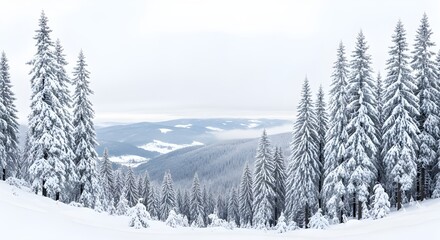 Majestic snow covered evergreen trees framing a vast winter landscape with rolling hills and distant mountains under a soft cloudy sky