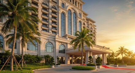 Obraz premium Luxury Tropical Resort Entrance with Red Carpet at Golden Hour