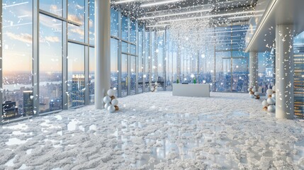Modern Snowy Conference Room with Floor to Ceiling Windows and City View