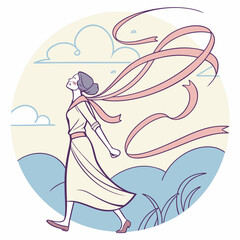 Elegant woman walking with flowing ribbons, embodying freedom and grace, a symbol of feminine strength and beauty in a serene outdoor setting