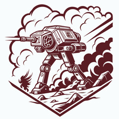 Fototapeta premium Powerful robotic walker advances through smoky battleground, a symbol of futuristic warfare and strategic dominance in a world transformed by technology