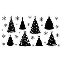 Collection of Black Christmas Tree Silhouettes and Snowflakes on a White Background Festive Holiday Vector Elements