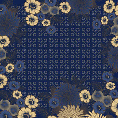 Textile background design with a navy floral motif and pale yellow combination that gives a luxurious impression