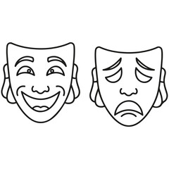 Two Theater Masks Comedy and Tragedy Icons Representing Different Emotions and Dramatic Arts Symbolism