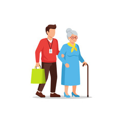 Young man assisting an elderly woman with a cane and shopping bag, showing care and support services illustration