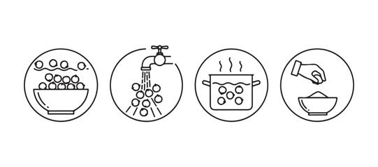 Cooking instructions for chickpeas. Preparation of beans or peas. A black silhouette icon designed for packaging. Soak, rinse, boil, and add salt. An isolated vector pictogram on a white background.