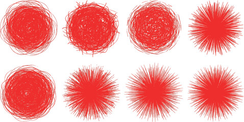 Vector Illustration of Red Hand-Drawn Scribble Circles and Burst Shapes Set for Grunge Design Elements