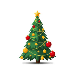 Festive Christmas Tree Decorated with Red and Yellow Ornaments and String Lights Vector Illustration