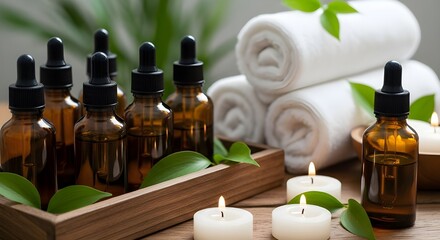 Aromatherapy essential oils in amber glass dropper bottles with fresh green leaves and lit candles for a relaxing spa experience