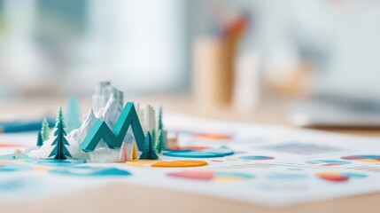 Small white paper castle model on wooden table with blurred mountain landscape in the background during daytime, suitable for creative and educational themes.