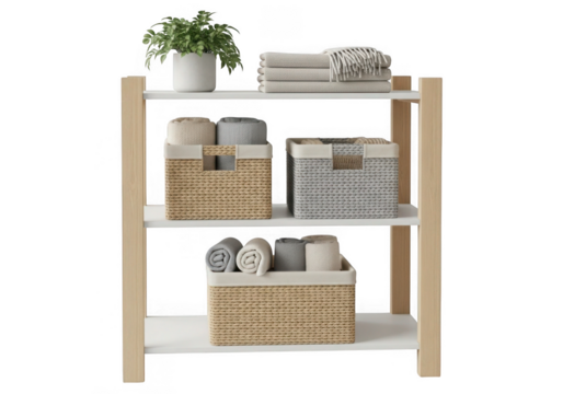 Wooden shelf unit with storage baskets and folded towels isolated on transparent background