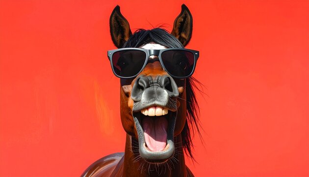 サングラスをして驚いた表情をしている馬　赤色の背景　AI生成素材