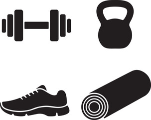 Black fitness icons featuring dumbbell, kettlebell, running shoe, and yoga mat, representing gym equipment, workout training tools, exercise gear, and healthy lifestyle essentials