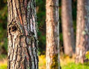 Fototapeta premium Close-up of textured tree trunks in a forest, bathed in soft, warm light and blurred background